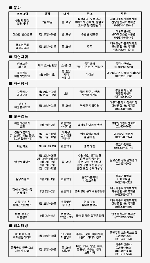 여름방학 캠프 프로그램 안내